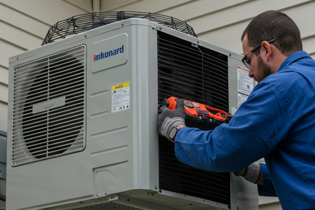 bright spark group technician servicing a mounted air conditioning unit with a power tool.