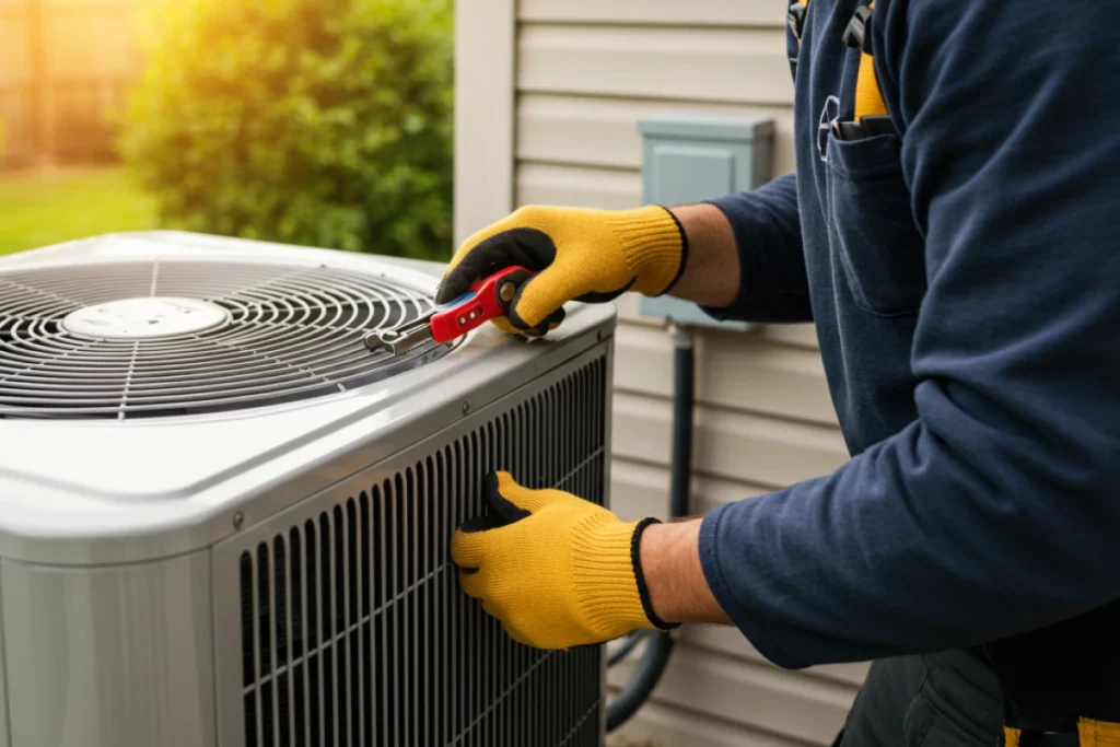 Technician repairing an outdoor air conditioning unit