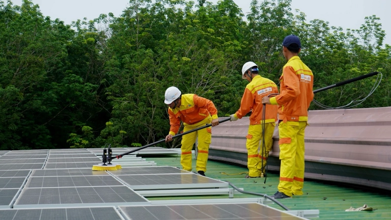 A team of workers in safety gear cleans solar panels on a commercial rooftop to maintain efficiency and performance.