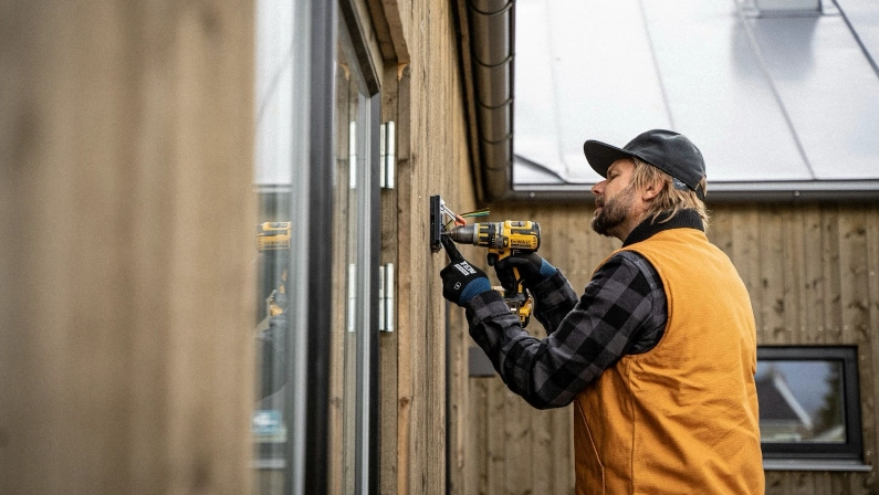 An electrician drills into a wooden exterior wall to install wiring, ensuring quality work when choosing the right electrical company.