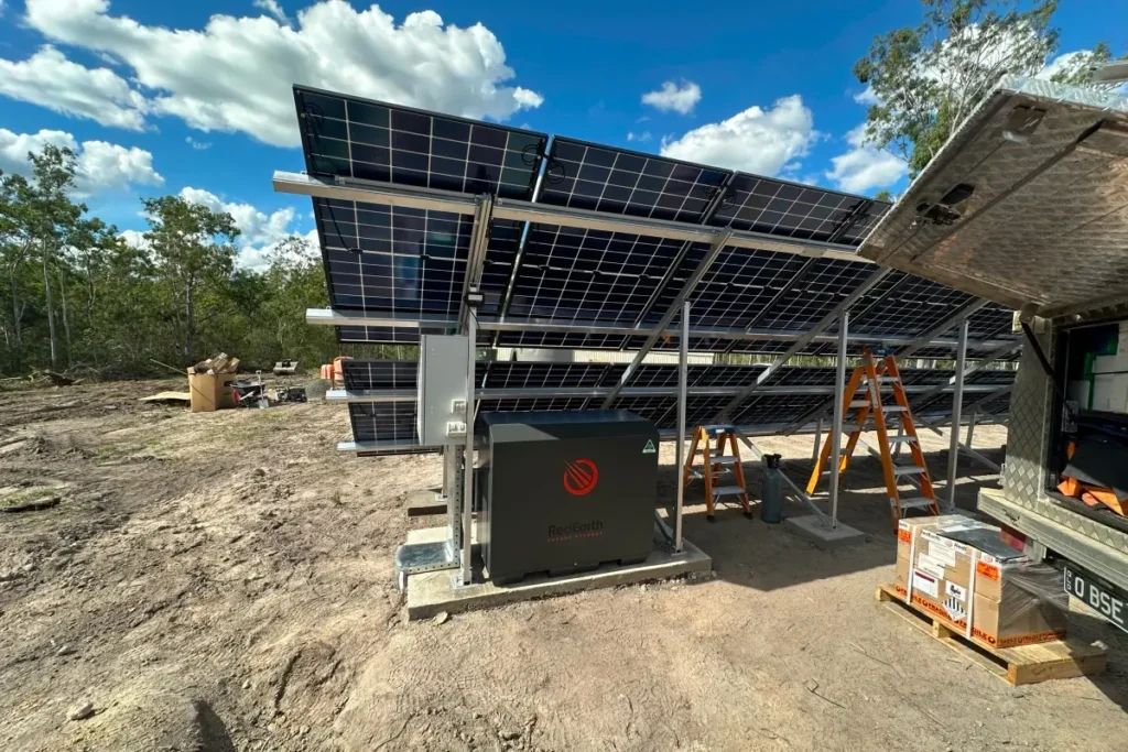 Off-grid solar battery system installation with ground-mounted solar panels by Bright Spark Group in Australia
