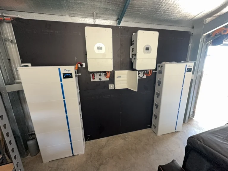 Bright Spark Group dual solar battery system installation with Deye inverters and high-capacity lithium storage units