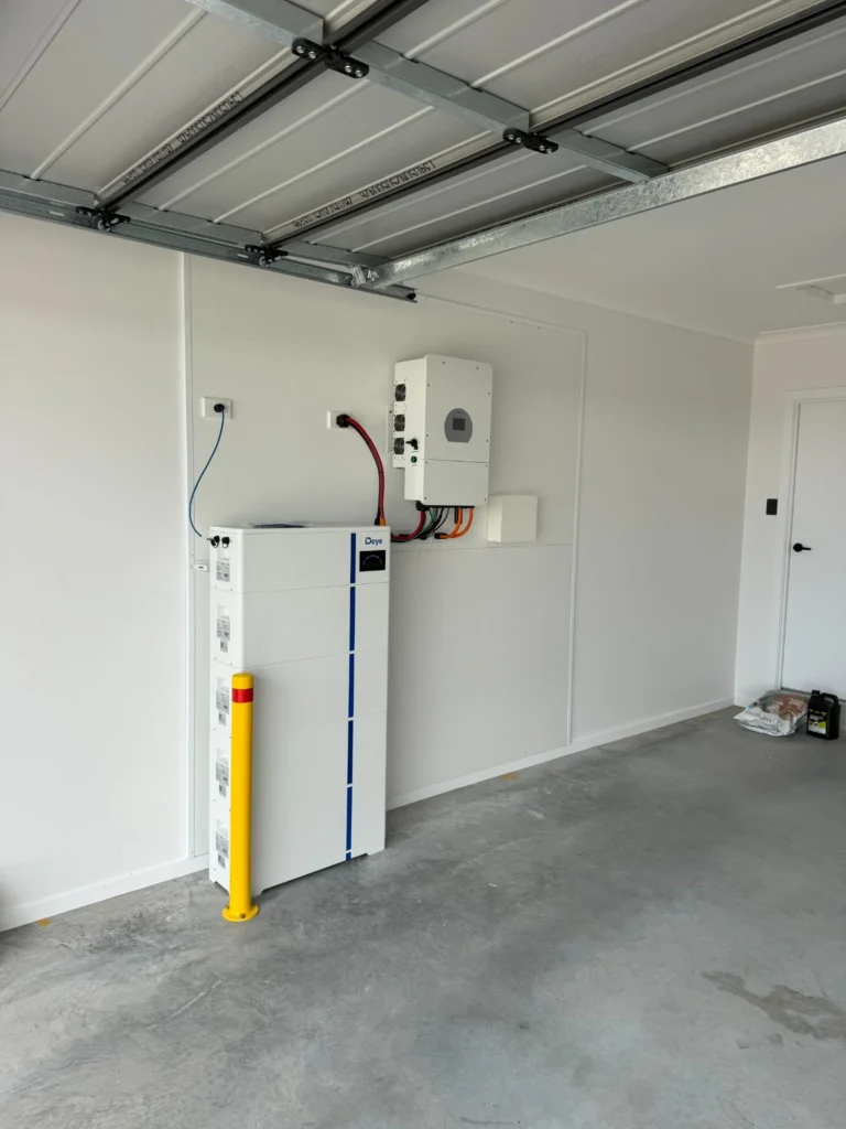 Bright Spark Group residential solar battery installation with Deye inverter and protected indoor battery storage