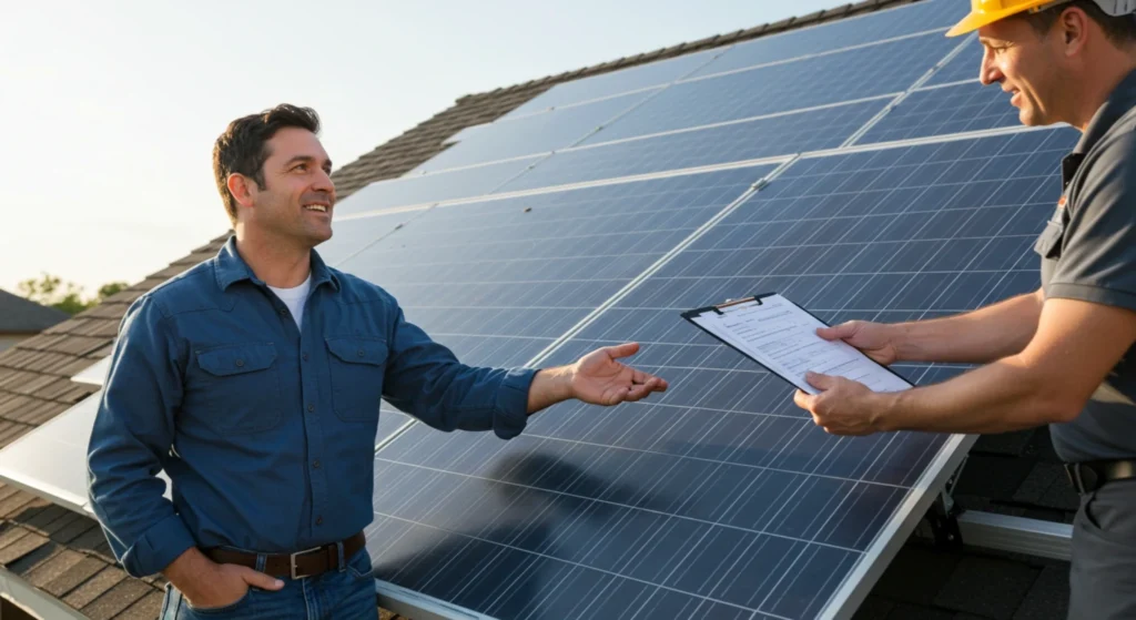 Bright Spark Group residential solar consultation beside rooftop solar panels during home solar installation assessment