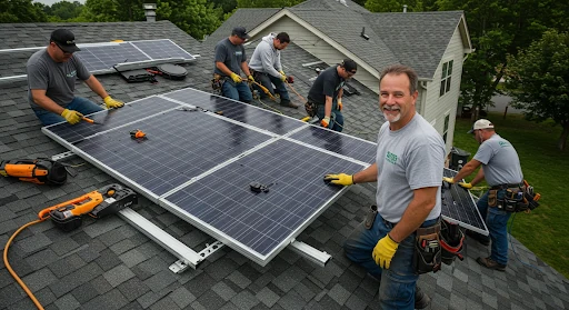 Bright Spark Group rooftop solar system at sunset in Ipswich showing residential solar panels generating clean energy