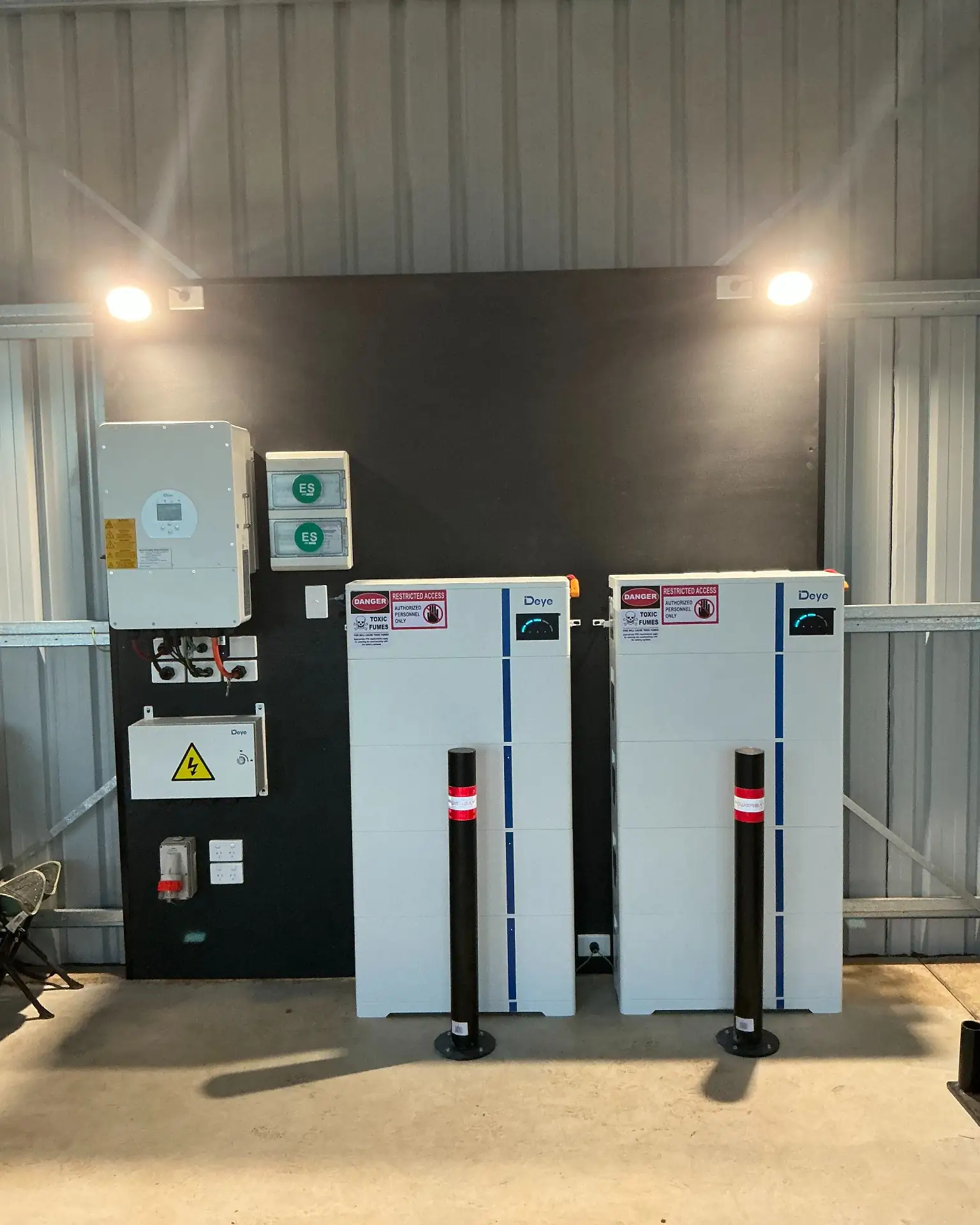 Deye solar battery storage system installed in a shed by Bright Spark Group for reliable Queensland property power