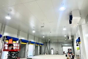 Brightly lit commercial interior with overhead lighting, showcasing a professional electrical fit-out.