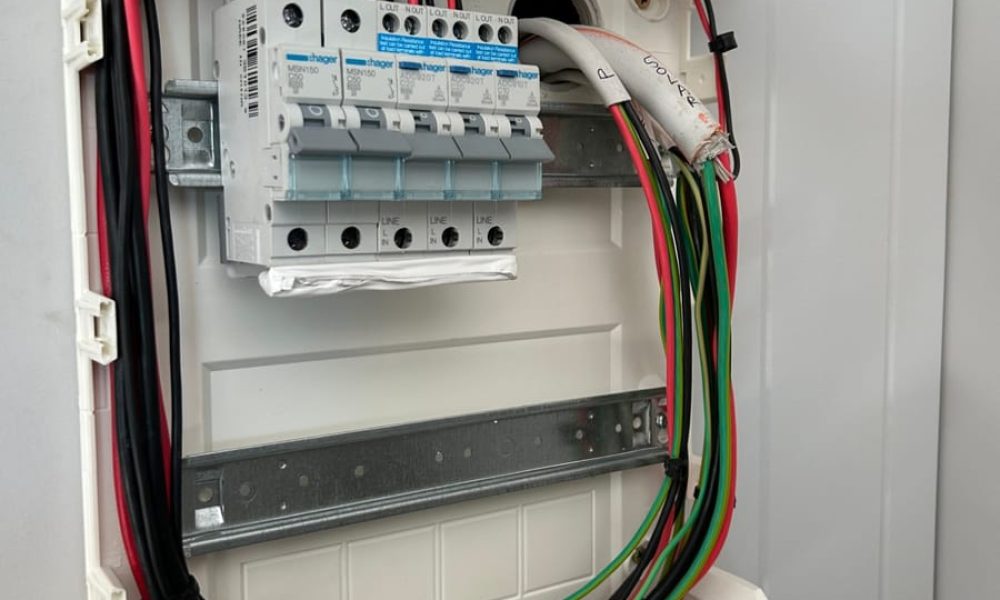 Switchboard with neatly looped wiring and circuit breakers